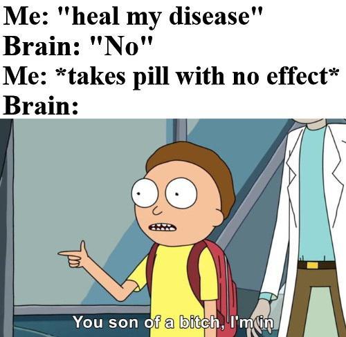 Meme of Rick and Morty illustrating placebos and permission slips